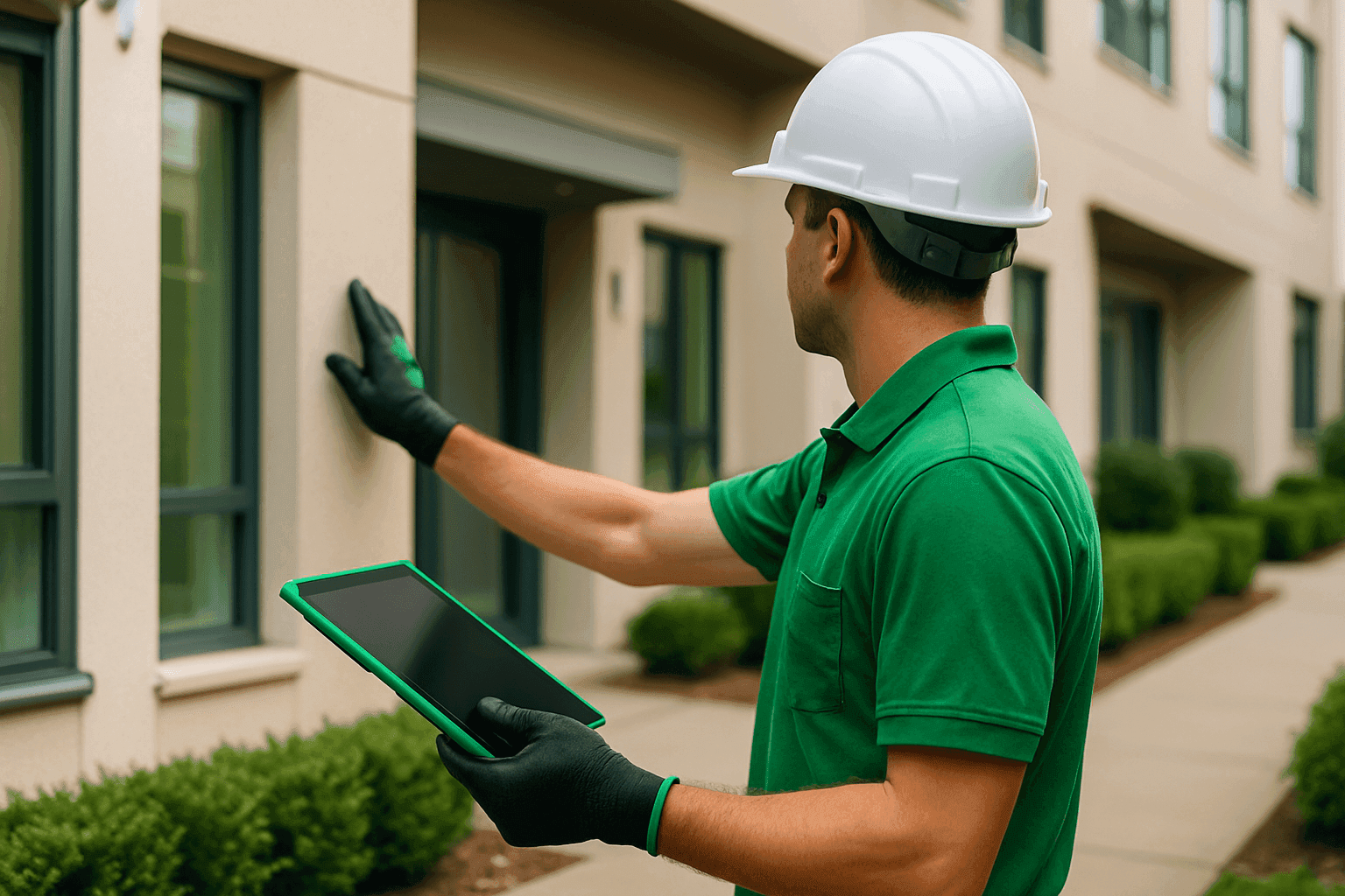 Professional worker in safety gear inspecting a clean residential or commercial building exterior